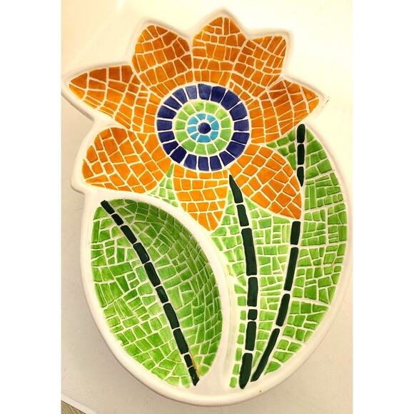 Chip & Dip-Server-Cooks Club-Sunflower-Mosaic-Large-Green-Orange-2 Sections - Picture 1 of 10